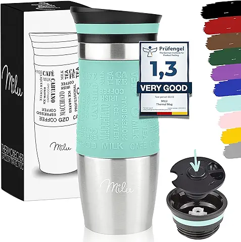Milu Taza Aislante de Café y té para Llevar 370ml 450ml - 100% a Prueba de Fugas - Taza de Acero Inoxidable para Beber - vaso de Aislamiento al Vacío - Caliente y Frío (Turquesa, 370ml)  