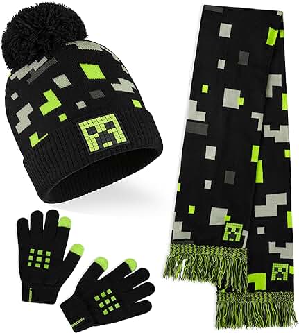 Minecraft Conjunto Bufanda, Gorro y Guantes Niño, Gorros de Invierno Con Diseño Creeper y Manoplas a Juego - Regalo  