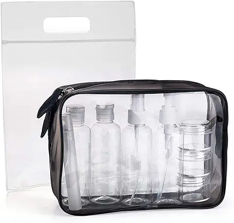 MOCOCITO Neceser Transparente con 8 Botellas de Viaje (MAX.100ml) y 1 Bolsa de Vuelo para Líquidos (20cm x 20cm,1L), Bolsa de Cosméticos Impermeable para Hombre y Mujer  