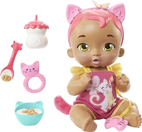 My Garden Baby Gatito Come y se Acurruca Orejas Rosas Muñeca Bebé de Juguete con Sonidos, ojos se Abren y Cierran, Incluye +5 Accesorios, Regalo +18 Meses (Mattel HHP29)  