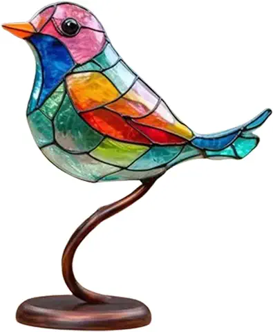 Mzshne Adornos de Escritorio de Pájaros de Vidrieras en Rama, Adornos de Escultura de Pájaros de Metal, Decoración de Escritorio de Colibrí Vívido, Regalos para Amantes de los Pájaros, Observador de  