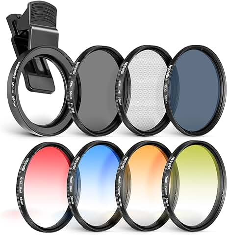 NEEWER Kit de Filtro de Objetivo de 58 mm con clip para Objetivo Móvil, CPL, ND32, Filtro de Estrella de 6 Puntos, Filtro Degradado (4 Colores), Compatible con Cámaras IPhone 15, 14 Pro Max 13, 12, 11  