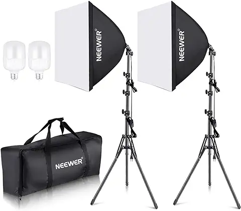 NEEWER Kit de Iluminación Continua de Caja de Luz Equivalente a 700W，2 Bombillas de LED de 5700K，60x60cm Softbox con Enchufe E27 para Equipo de Estudio Fotográfico  