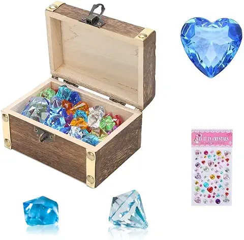 NLR Juguete de Gemas para Niños con Cofre del Tesoro de Madera Antigua (70* Gemas de Hielo y 10* Diamantes), Buscando Tesoros | Juego de Roles, Regalo para Premios de Cumpleaños/ Navidad / Pascua  