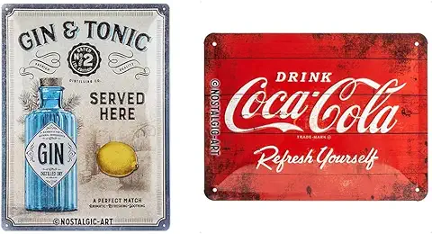 Nostalgic-Art Open Bar - Gin & Tonic Served Here - Idea de Regalo para fans de Cóctel, Cartel de Chapa Retro, Metal, Decoración Vintage, 30 x 40 cm & Cartel de Chapa Retro Coca-Cola –15 x 20 cm  