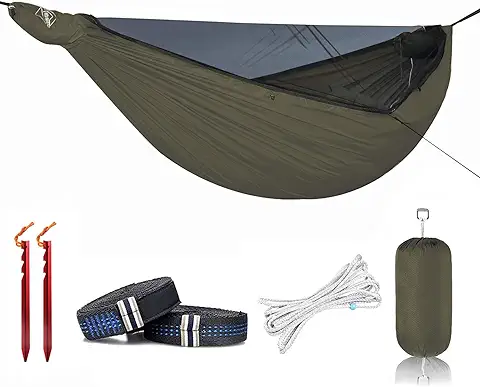 Onewind Hamaca de Camping de 11 pies con Mosquitera y Estructura Ridgeline, Hamaca Doble Portátil Ligera con Correas de árbol de 12 Pies, Ideal para Camping, Senderismo, Mochileros, Verde OD  