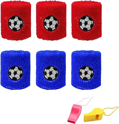 ORTAVA 6 Muñequeras para el Sudor para Niños, Color rojo y Azul, con 2 Silbatos de Plástico (color Aleatorio) para Fiestas de Cumpleaños de Fútbol, Actividades al aire Libre  