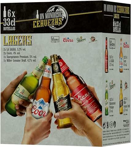 Pack Cerveza Lagers del Mundo (Coors, Staropramen, Miller y La Sagra) - Caja de 6 Botellas de 33cl - Total: 1980 ml  