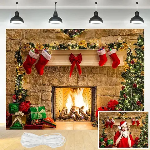 PEALOVCOM Fondo de Fotografía de Navidad de 2,1 x 1,5 m Fondo para Foto Navideña con Patrón de Chimenea Fondo de Tela para Fotografía Estudio Fondo Fotográfico de Navidad para Photocall en Casa  