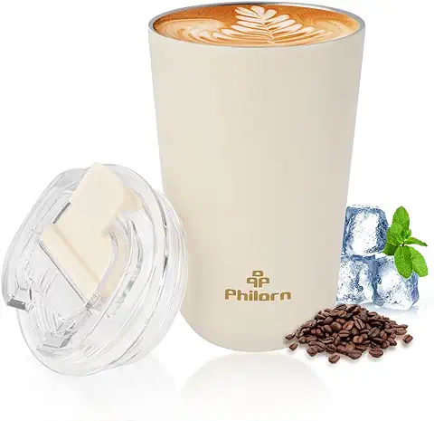 Philorn Termo Café Para Llevar Pequeño, Taza de Café de Acero Inoxidable, 380ml Taza de Café Termica Aislamiento de Doble Pared,Blanco Vaso Termico Con Tapa  