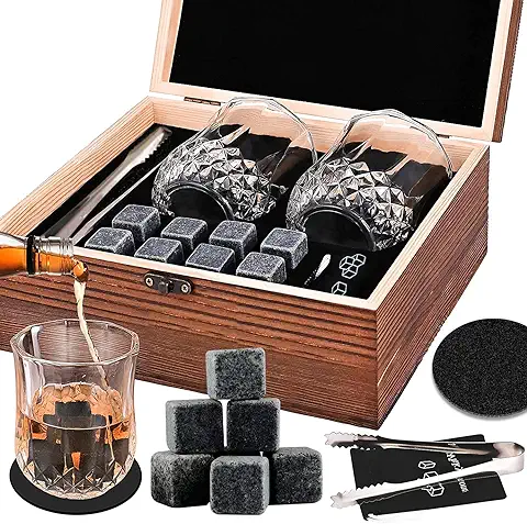 Piedras de Whisky, 8 Piedras para Enfriar, 2 Vasos, 2 Posavasos, 1 Caja de Madera, 1 Pinza para Hielo de Acero Inoxidable, 1Bolsa de Almacenamiento, para Papá, Esposo, Amigos (Madera)  