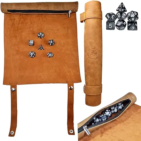 POWER BEAST Dungeon 2 en 1 Bolsa para Dados + Tablero y Bandeja rol Enrollable + Juego de 7 Dados rol, D&D, Dungeons and Dragons, Dragones y Mazmorras, DND, Juegos de rol y Mesa. (Marron)  