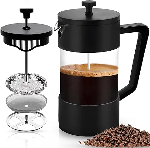 POWZOO Cafetera de Prensa Francesa,French Press 1000 ml, Vidrio Borosilicato Resistente al Calor, Filtro Acero Inoxidable,Cafetera Francesa- Tetera Leche Chocolate Café(Negro)  