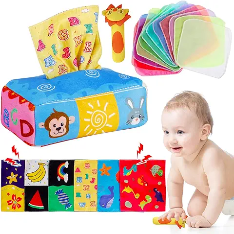 POWZOO Caja de Pañuelos Juguete,Juegos Montessori,Juguetes Sensoriales Bebe,Juguetes Educativos,Juguetes Bebes Suave y Reutilizable,Aprendizaje Temprano Regalo para Bebés6 8 9 10 12 Meses  