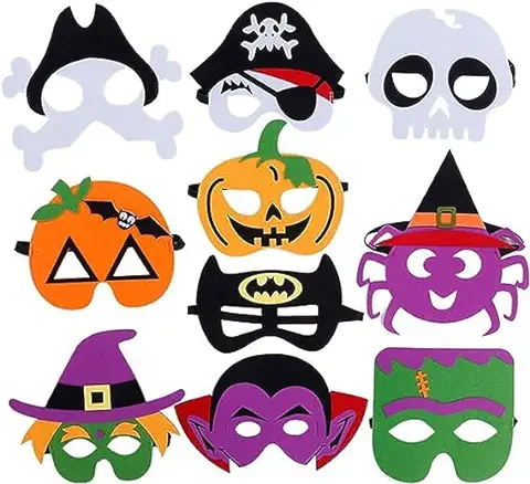 Probuk 10PCS Máscaras Fieltro Mitad Máscara Dibujos Animados Niños con Cuerda Elástica,Tema de Halloween Bruja Esqueleto Calabaza Máscaras de Cosplay,Llenadoras Bolsas para Carnaval,Fiesta  