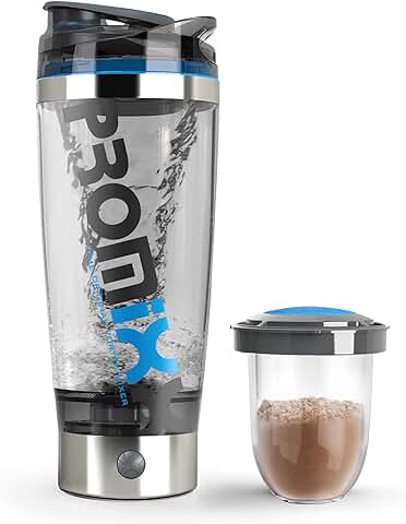 Promixx Pro Shaker Bottle (iX-R Edición) - Recargable, Potente para Batidos de Proteínas Suaves, Incluye Almacenamiento de Suplementos, sin BPA, vaso de 600 ml (Plateado Azul/Gris)  