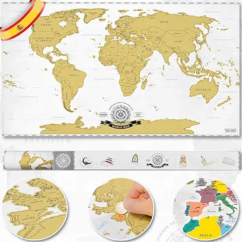 Póster del Mapa-mundi de Rascar con tubo de Regalo 82 x 45 cm XXL - Mapa Mundial Extragrande Personalizado y Todas las Banderas del País - Detalles Cartográficos - Incluye una Herramienta para Rascar  