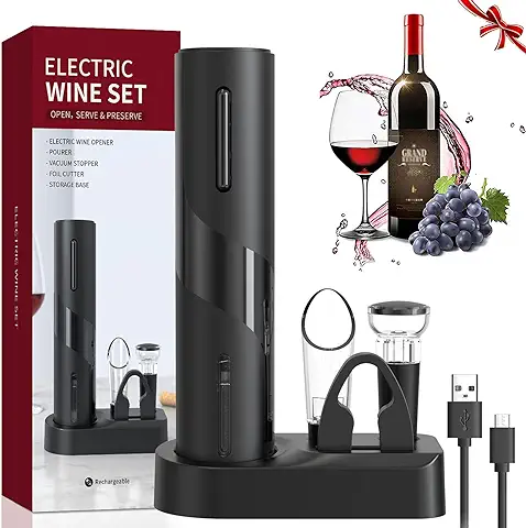 QSMYUYE Sacacorchos Eléctrico, USB Recargable Abridor de Vino Automatico Profesional 6 en 1 con Base, Cortacapsulas Botella, Vertedor de Vino, Tapón de Vino de Vacío  