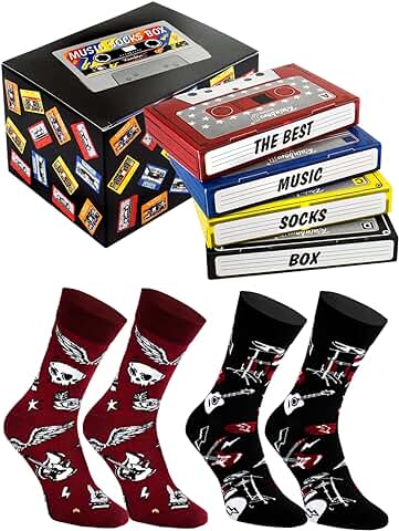Rainbow Socks - Rock Socks Music Box - 2 Pares De Calcetines En Cassette - Para Regalo A Un Fan De La Música Rock, Amante Del Heavy Metal, Rock&Rolla Un Gadget Musical Para Ella Y Para Él  