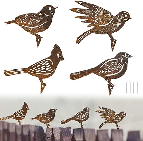 REFORUNG 4 Piezas Pajaro Metal Jardin Pájaros Oxidados de Hierro con Tornillo Decoración de Metal Oxidado en Forma de Pájaro Vintage para Atornillar en Madera, Decoración de Jardín  