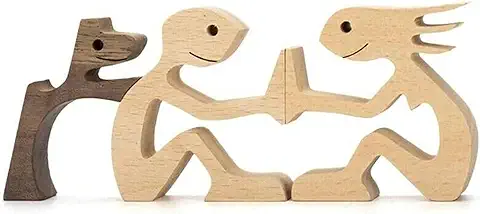 Regalos para Amantes de las Mascotas, Escultura de Madera, Adornos de Talla de Madera, para Amantes de las Mascotas, Escultura de Madera, Tallada a mano (pareja y Perro)  