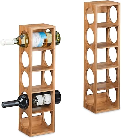 Relaxdays Botellero Vino Bambú, Pack de 2, Estantería 5 Botellas, 53 x 14 x 12 cm, Vertical,de Pie, para Cocina, Natural  