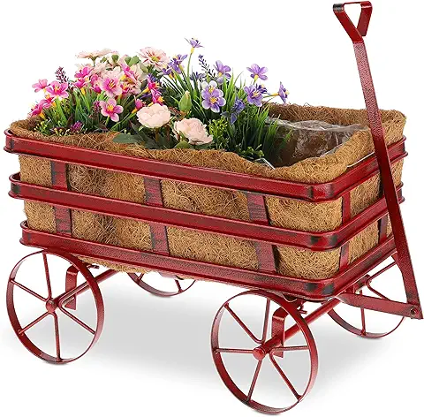 Relaxdays Carrito de Plant Maceta Decorativa, Forma Carreta, Estilo Rústico, Decoración Jardín, Recipiente Coco, 42,5x46,5x26 cm, Rojo, 70% Acero 30%  