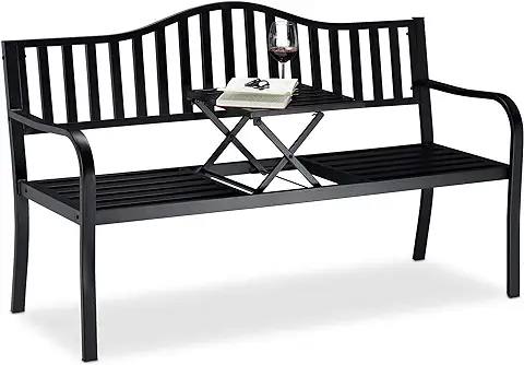 Relaxdays, Negro, Banco Jardín y Terraza de 3 Plazas con Mesa Plegable, Acero, 90 x 150 x 57,5 cm Relaxdays, Negro, Banco Jardín y Terraza de 3 Plazas con Mesa Plegable, Acero, 90 x 150 x 57,5 cm