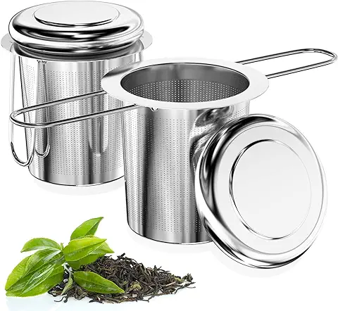 Relota 2 Piezas Colador de Té de Acero Inoxidable 304, Infusor de Te de Metal con Tapa y Asa Plegable, Reutilizable de Malla Extra Fina Filtro de Té para Tazas, Tetera, Café Ollas, Cuencos de Té  