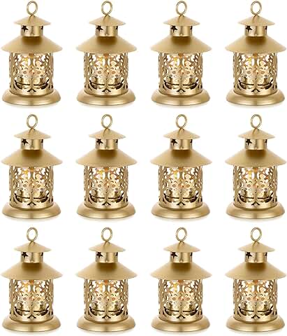 Romadedi Juego de 12 Farolillos Decorativos de Color Dorado, Estilo Vintage, Velas de Metal, Pequeñas con Grabado para Velas, Decoración de Mesa, Boda, Navidad, Ramadán, Balcón, Jardín, Exterior  