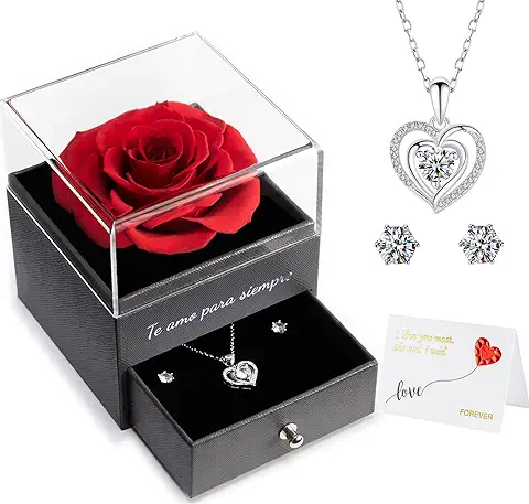 Rosa Eterna Preservada Real Caja de Regalo con Collar y Aretes, Hecho Románticos Regalo para Mujer Mama Novia, para Navidad Cumpleaños Aniversario Dia de San Valentin Dia de la Madre Rosa Eterna Preservada Real Caja de Regalo con Collar y Aretes, Hecho Románticos Regalo para Mujer Mama Novia, para Navidad Cumpleaños Aniversario Dia de San Valentin Dia de la Madre
