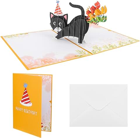 RUCUDIM Tarjeta de Cumpleaños Pop Up 3D con Diseño de Gato, Tarjeta de Regalo Divertida, Tarjeta de Felicitación con Sobre, Tarjetas de Aliento para su Familia, Amigos y Amantes, Naranja  
