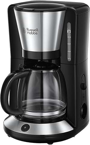 Russell Hobbs Cafetera de Goteo Adventure - 15 Tazas, Jarra Cristal 1,5L, Soporte de Filtro Extraíble, Tecnología WhirlTech, Cuchara Medidora, Acero Inoxidable, Negro y Plata - 24010-56  