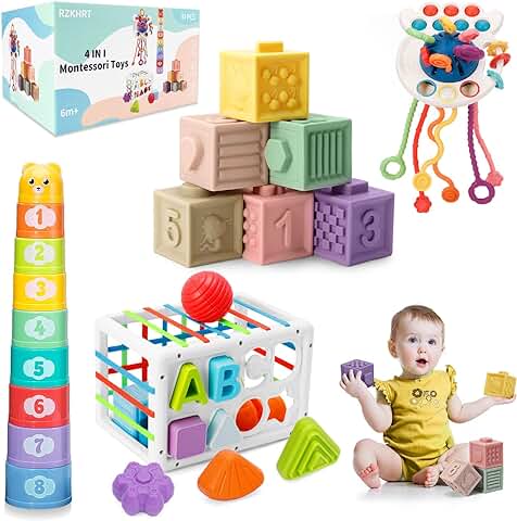 RZKHRT Juguetes Bebes 6-12 Meses, 4 en 1 Juguetes Montessori 1 Año, Juguetes Sensoriales, Bloques Vasos Apilables, Cubo con Clasificador de Formas, Juguetes Educativos, Regalos para Bebés  