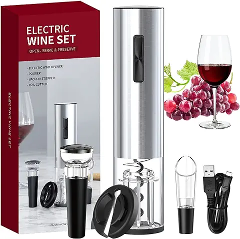 Sacacorchos Eléctrico, Recargable Abridor Botellas de Vino Profesional con Cortador de Papel, Vertedor, Tapón de Vacío, Abrelatas de Vino Set para Fiestas, Cenas y Bodas  