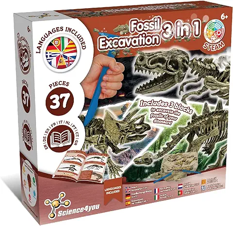 Science4you Excavación Fósiles Dinosaurios 3 en 1 - Juguete Dinosaurios para Niños 5-10 Años - Juego Arqueologia con 37 Piezas, T Rex, Triceratops y Stegosaurus - Jurassic Kit Experimentos  