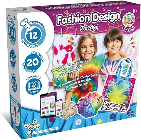 Science4you Fashion Design - Tie Dye Kit para Niños, Incluye 12 Actividades y Bolsa Tie Dye, Set de Juegos y Manualidades para Niños 6+ Años, Juguetes y Regalos para Niño y Niña 6+ Años  