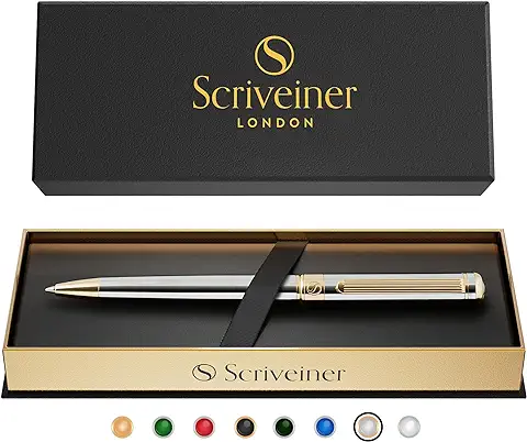 Scriveiner Bolígrafo Bolígrafo de Gama Alta Color Plata Acabado en Oro de 24 Quilates, Recambio Negro Schmidt, Regalos Hombre y Mujer, Bolígrafos Profesionales de Diseño  