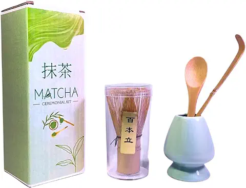 Set Te Matcha Ceremonial, Utensilios para Te Matcha Kit de Bambú, Batidor Bambú Te Matcha (Chasen), Cuchara Tradicional (chashaku), Portabatidor. Ideal Juego para Hacer Té Japonés  