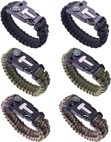 Sipiris 6 Piezas Multifuncional Pulsera Supervivencia,Pulsera Paracord Supervivencia Adecuado para Actividades al Aire Libre como Senderismo,Campamento,Montañismo y Teléfono de Emergencia（3 Colores）  