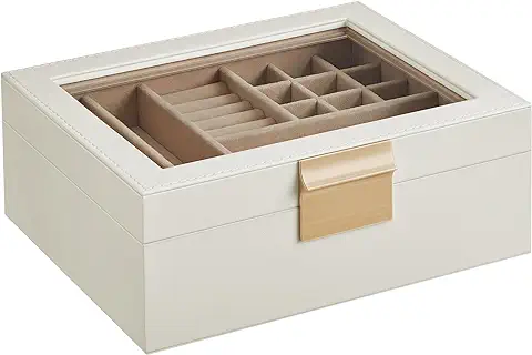 SONGMICS Caja de Joyas, Caja Joyero de 2 Niveles con Bandeja Extraíble, Estuche de Joyería, Tapa de Cristal, con 2 Cajones, Estilo Moderno, Idea de Regalo, Blanco Nube y Dorado Metálico JBC238W01  