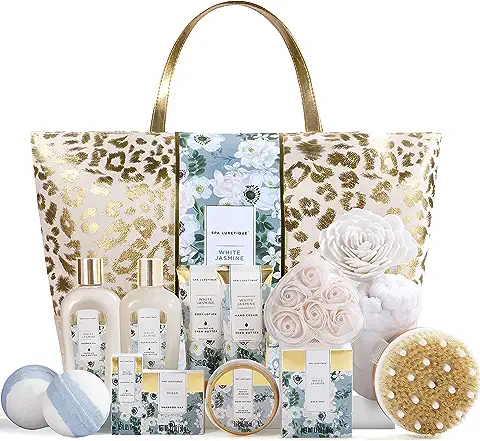 Spa Luxetique Set de Spa para Mujer, Cesta de Regalo a Jazmín Blanco, Set de Baño y Ducha, Set de Spa con 15 Piezas, Incluye Aceite Esencial, Sales de Baño, Regalos Originales para Mujer  