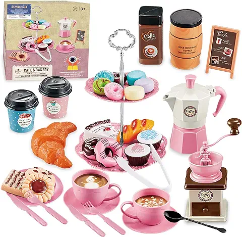 STAY GENT Juego de Te Cafe Cafetera Juguete para Niños, 38 Piezas Cocina Juego de Te Infantil Papel Jugar con Plástico Café & Postre para Té Fiestas, Novedad Regalos para Niños Niñas 2 3 4 5 6 Años  