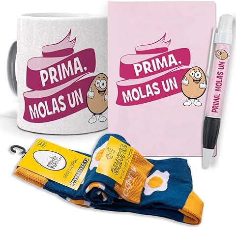 Super Regalo Personalizado para Primas. Prima Molas un Huevo. Taza, Libreta, boli y Trio de Calcetines Super Regalo Personalizado para Primas. Prima Molas un Huevo. Taza, Libreta, boli y Trio de Calcetines