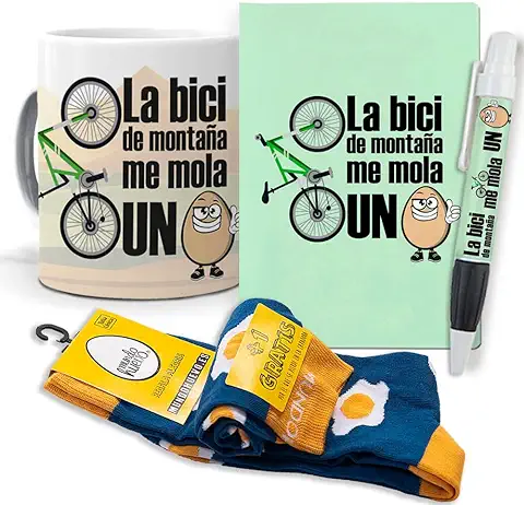 Super Regalo Personalizado y Divertido. La Bici de Montaña me Mola un Huevo. Taza, Libreta, boli y Trio de Calcetines  