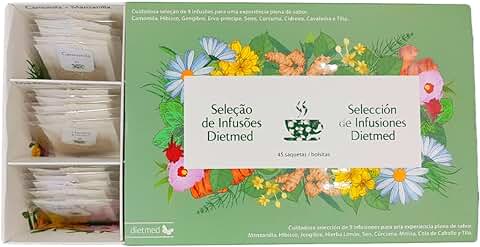 Surtido de Infusiones 100% Naturales | 9 Sabores Diferentes - 45 Bolsas de Té | Set Ideal para Regalo - Las Mejores Hierbas para Té | Manzanilla - Sen - Tilo - Melisa - Cúrcuma - Hibisco y Más. Surtido de Infusiones 100% Naturales | 9 Sabores Diferentes - 45 Bolsas de Té | Set Ideal para Regalo - Las Mejores Hierbas para Té | Manzanilla - Sen - Tilo - Melisa - Cúrcuma - Hibisco y Más.