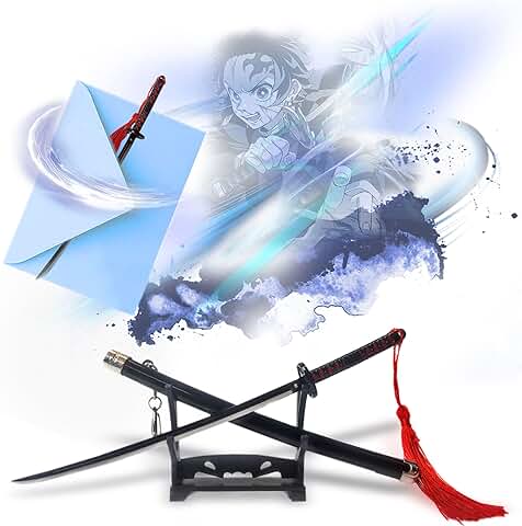 Swords and more Demon Slayer - Tanjiro Kamodas Samurai Katana Abrecartas Espada con Funda y Soporte Espada Miniatura de Kimetsu No Yaiba Llavero Anime Regalo para fans y Coleccionistas  