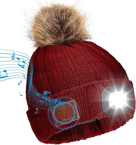 TAGVO Gorro Bluetooth con Linterna LED, Gorro LED Recargable por USB con Auriculares Micrófono, Sombrero Punto Cálido Iluminado para Deporte de Invierno al Aire Libre Senderismo Camping, Regalos Mujer  