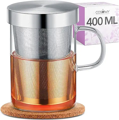 Taza de Té con Filtro y Tapa - Taza Infusiones Té Con Posavasos de Corcho - Vaso de Cristal de Borosilicato - Taza Grande de 400 ml  