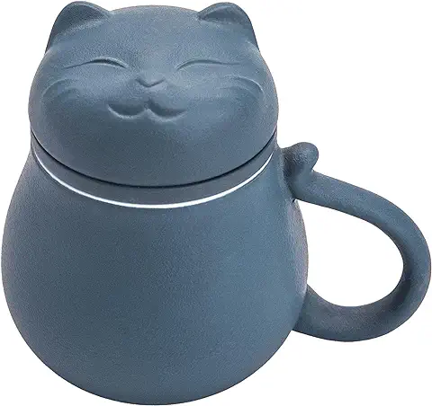 Taza de té de Cerámica con Infusor y tapa (14 Onzas), taza de té con Bonito Filtro de Diseño de gato para Remojar Hojas Sueltas, Regalo para Vacaciones de Cumpleaños y casa Cálida (azul)  